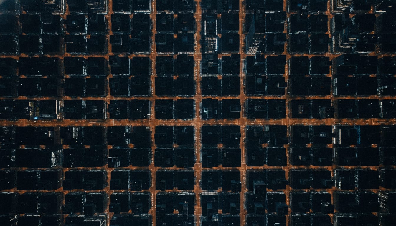 A city grid at night lit amber