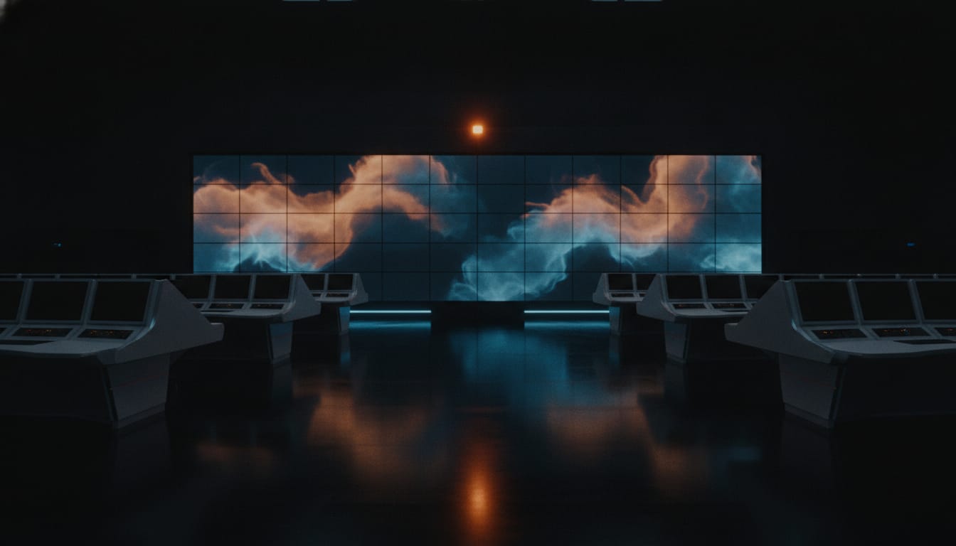 A dark operations control room with a wall of amber and ice blue light