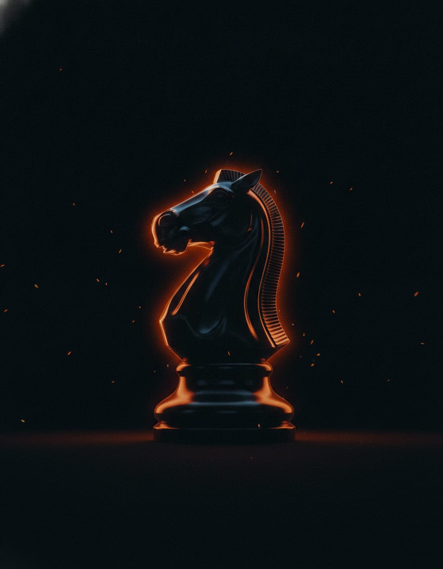A black chess knight lit by an orange rim light